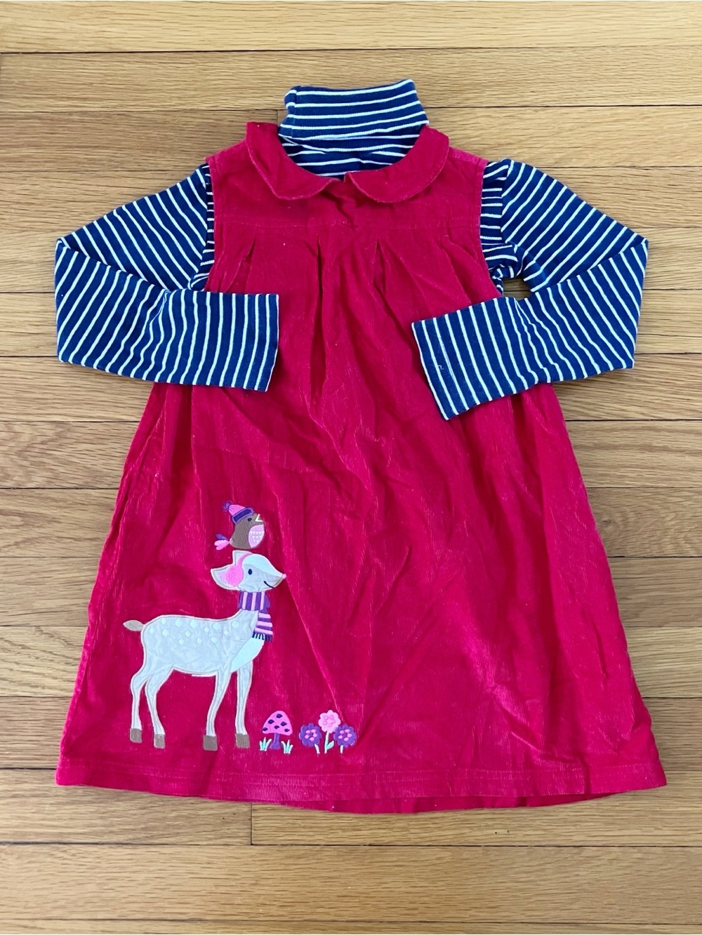 Jojo Maman Bebe Red Corduroy Christmas Winter Collar Pinnie Pinafore Dress 4-5